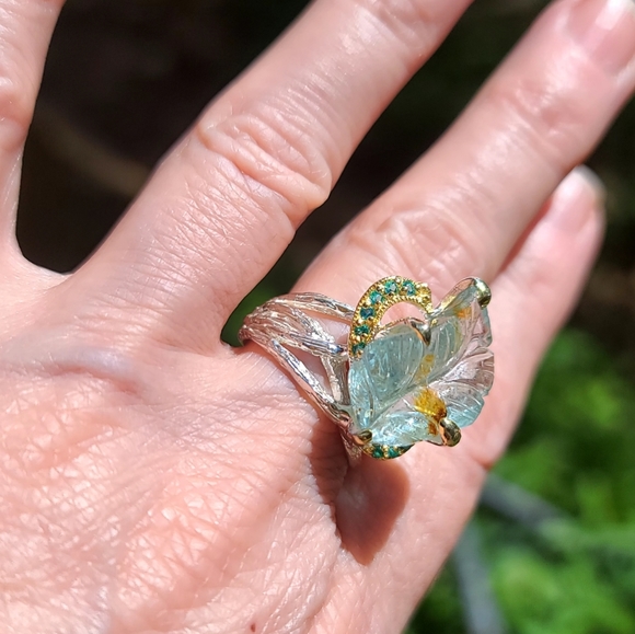 Aquamarine leaf carved gemstone & Topaz Sterling ring sz7.5 - Picture 3 of 10
